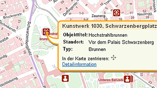 Stadtplanausschnitt mit Informationsfeld zu Denkmler, Brunnen, Plastiken, ...